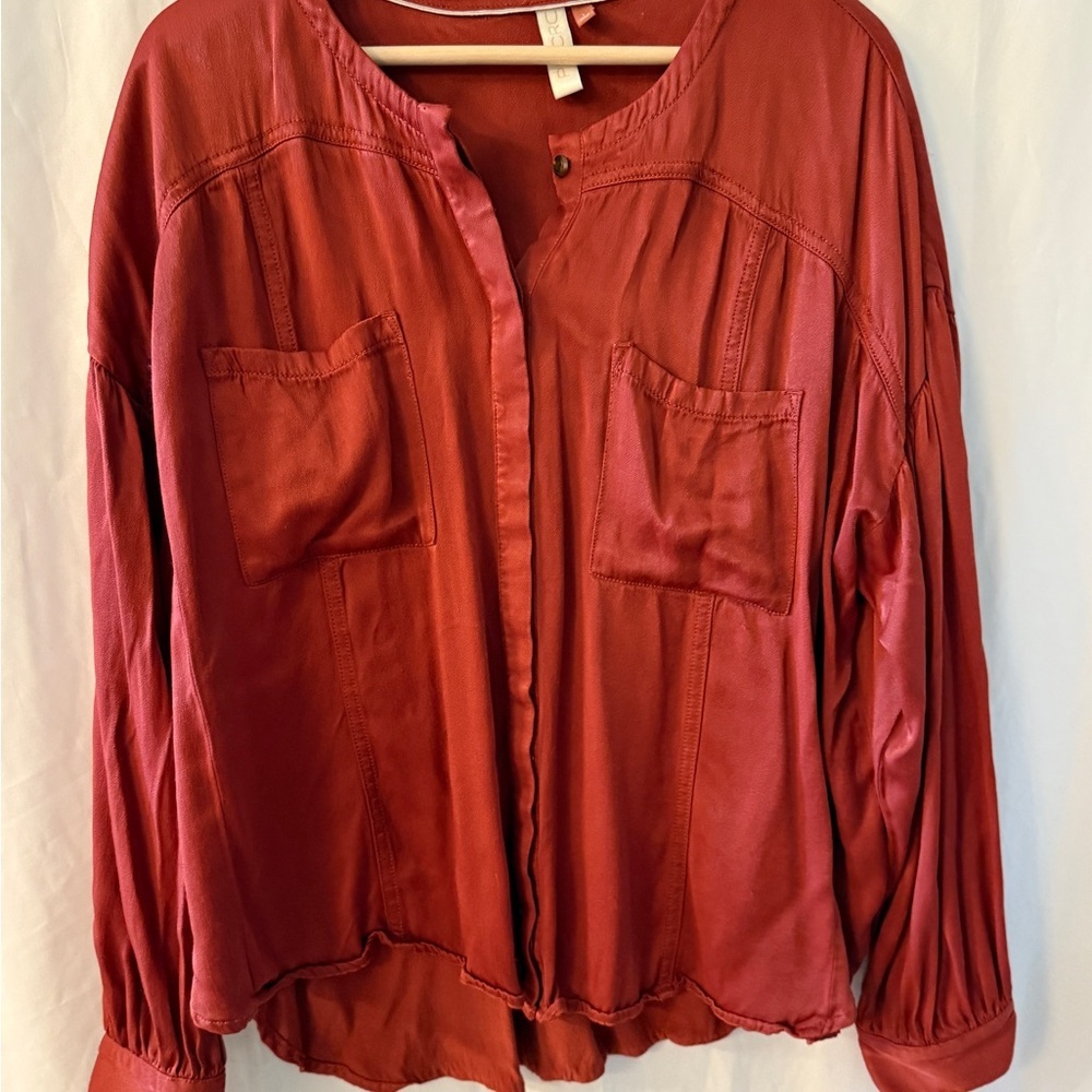 Pilcro Deep Red/Rust Satin Blouse With Pockets - image 4